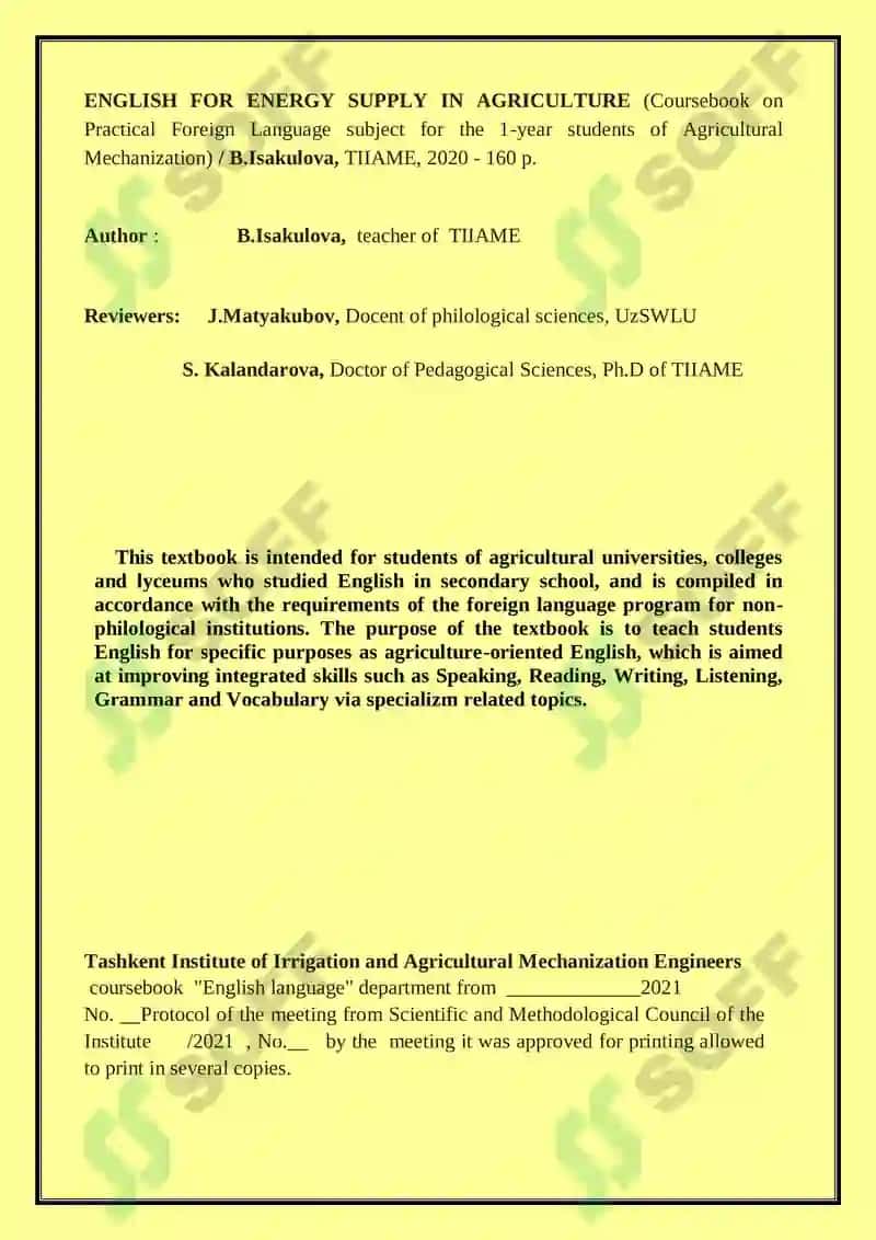 English for Energy Supply in Agriculture 3