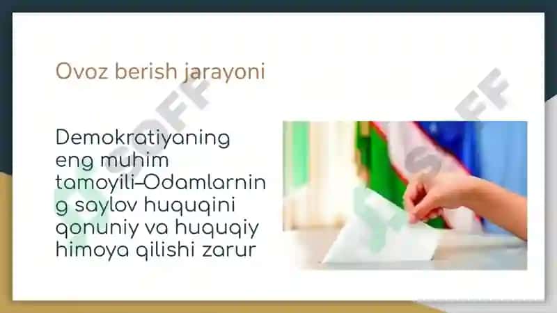O’zbekistonda huquqiy-siyosiy 
islohotlarning amalga oshirilishi demokratik 
jamiyatni shakl 3