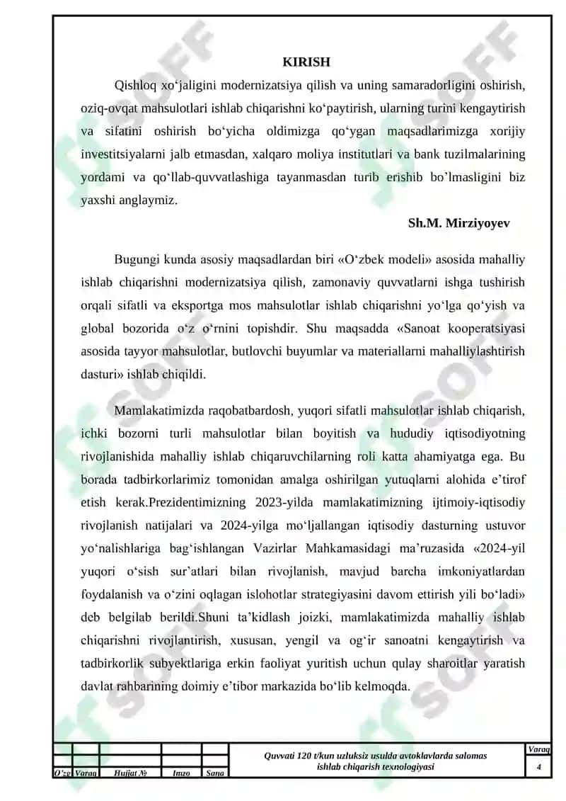 Quvvati 120 t/kun uzluksiz usulda avtoklavlarda salomas ishlab chiqarish texnologiyasi mavzusidagi 3