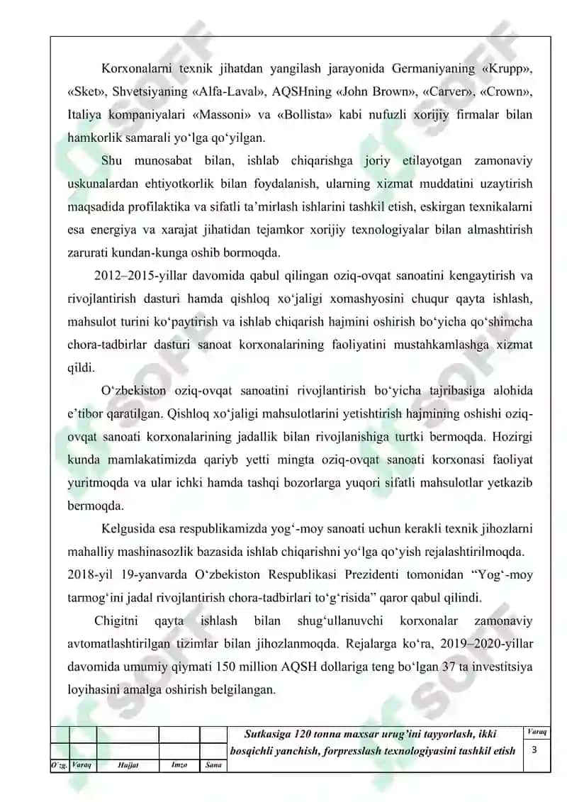 Sutkasiga 120 tonna maxsar urug’ini tayyorlash, ikki bosqichli yanchish, forpresslash texnologiyasini tashkil etis 3