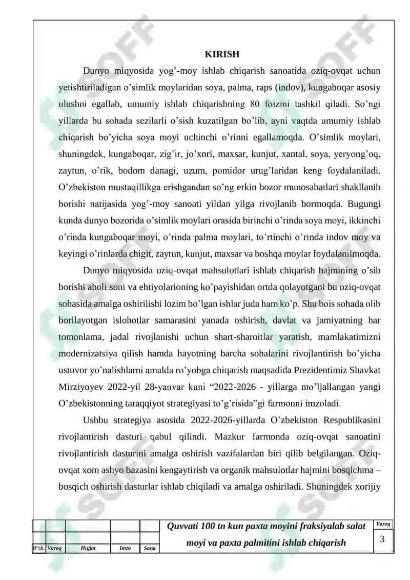 Quvvati 100 tn kun paxta moyini fraksiyalab salat moyi va paxta palmitini ishlab chiqarish texnologiyasi 3