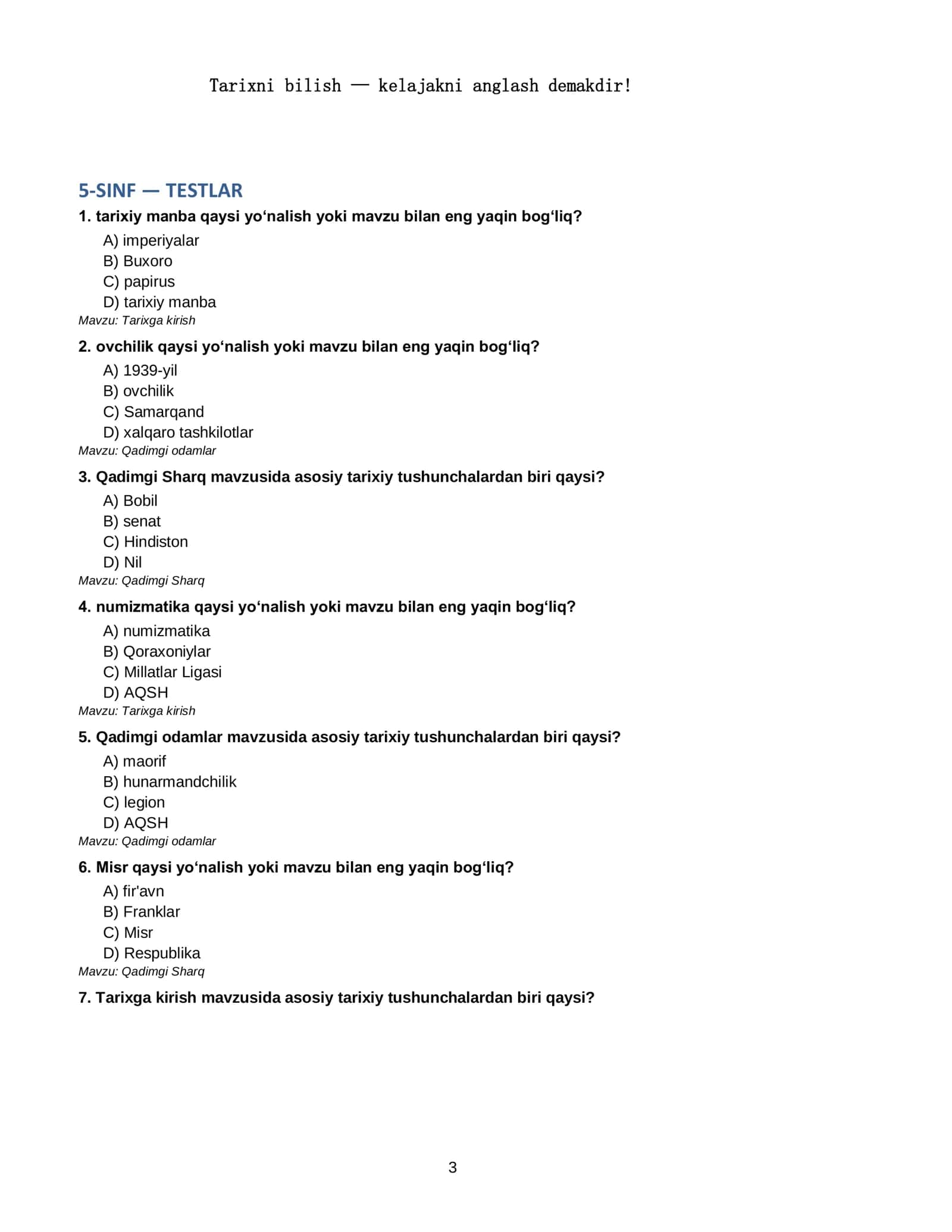 📚Umumiy tarix — 1000 ta test | 5–11-sinflar | PDF + Word 3