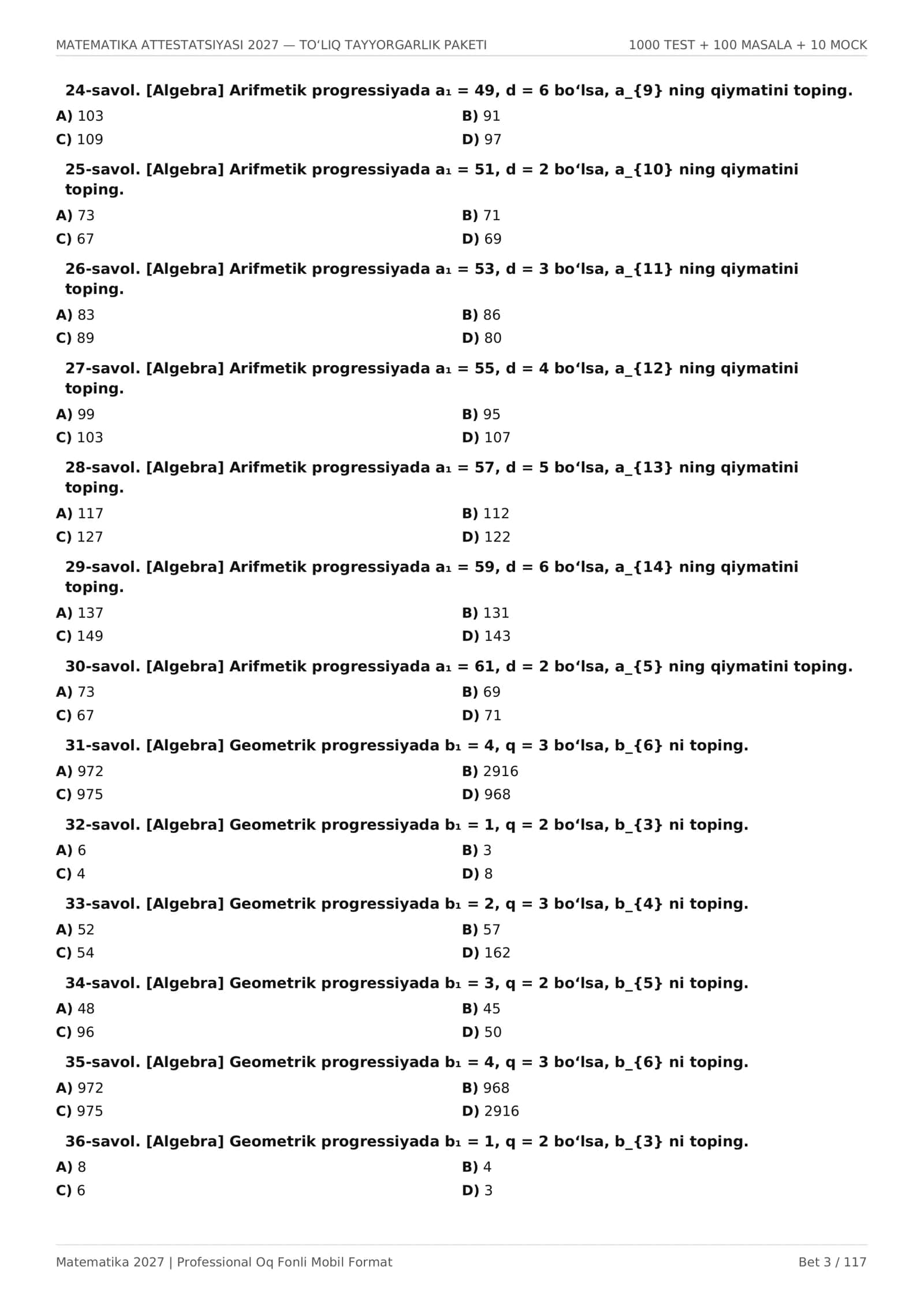 MATEMATIKA ATTESTATSIYASI 2027 — 1000 TA TEST + 10 MOCK + 100 MASALA 3