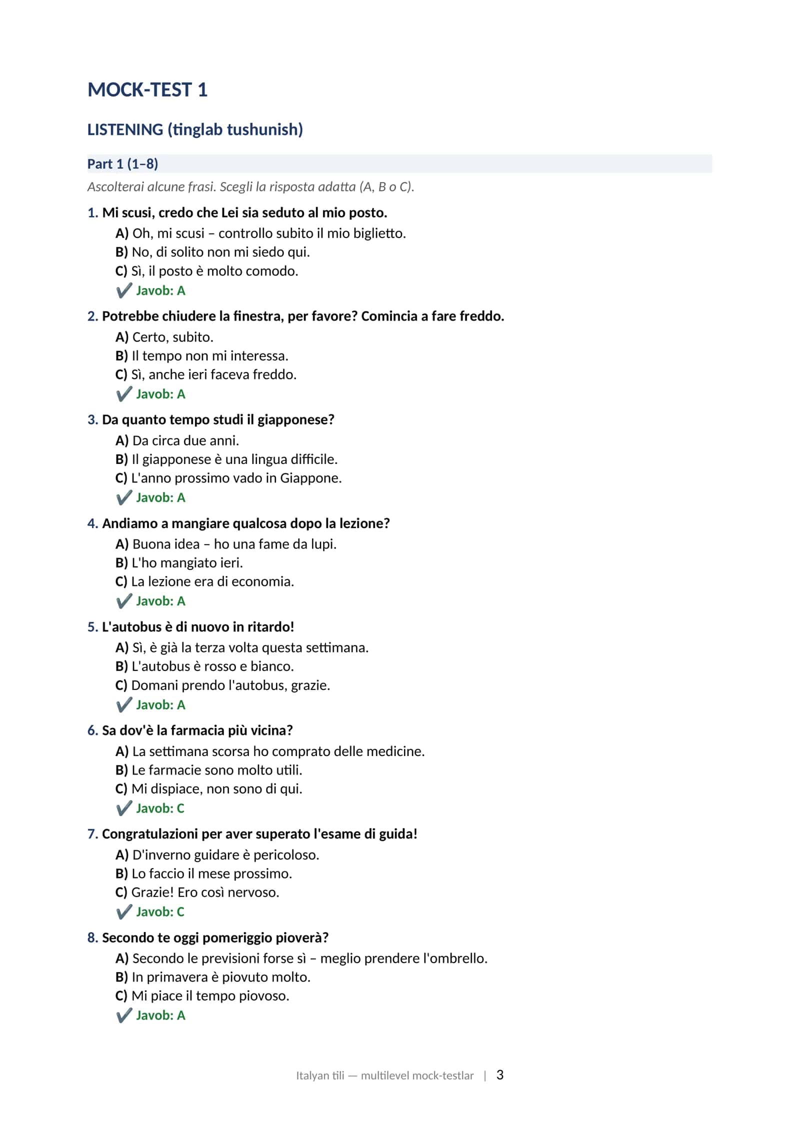 ITALYAN TILI (ITALIANO) Multilevel (CEFR) milliy sertifikat imtihoniga tayyorgarlik: mock-testlar to'plami (2025–2026) 3