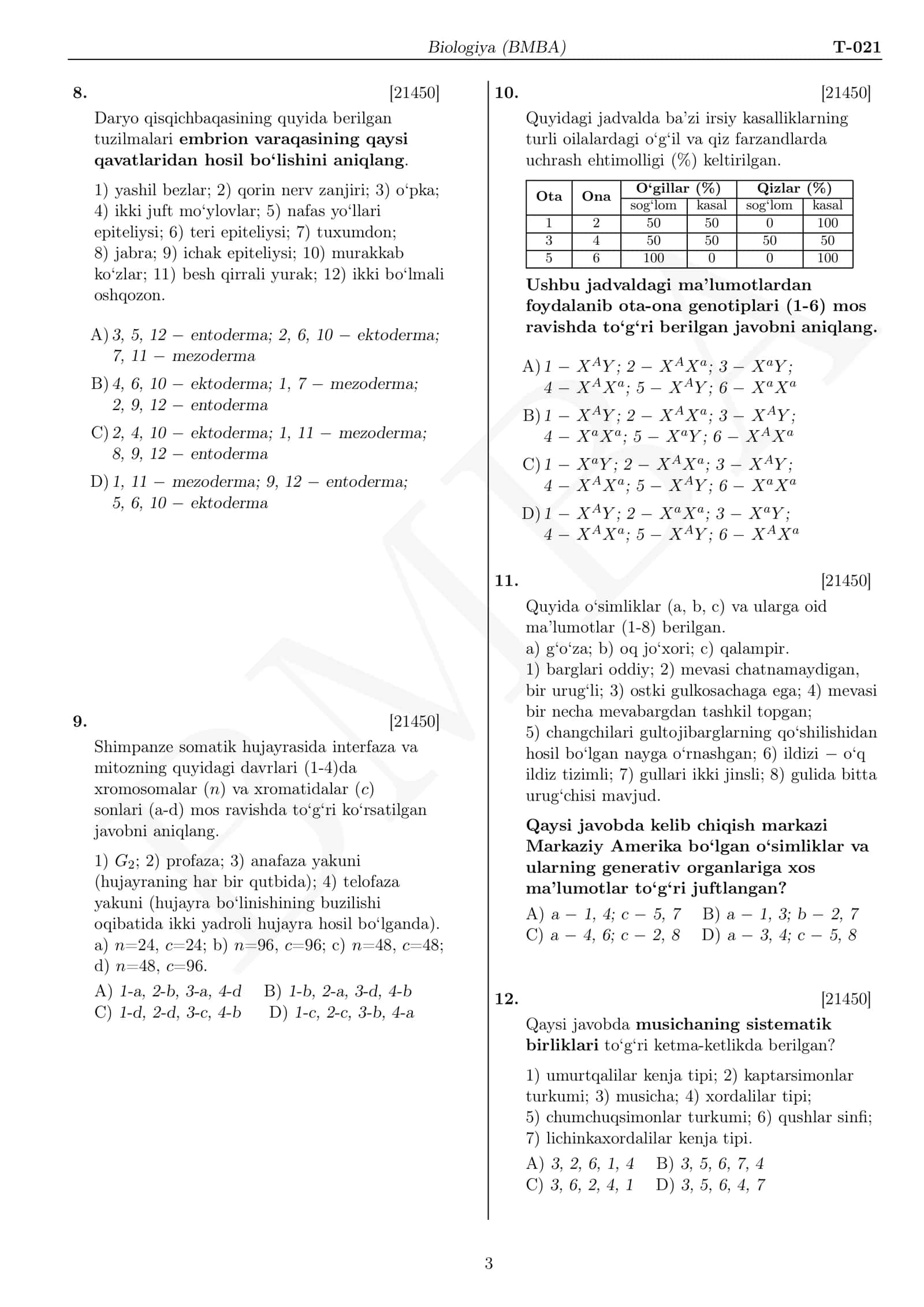 Biologiya Milliy sertifikat test 3