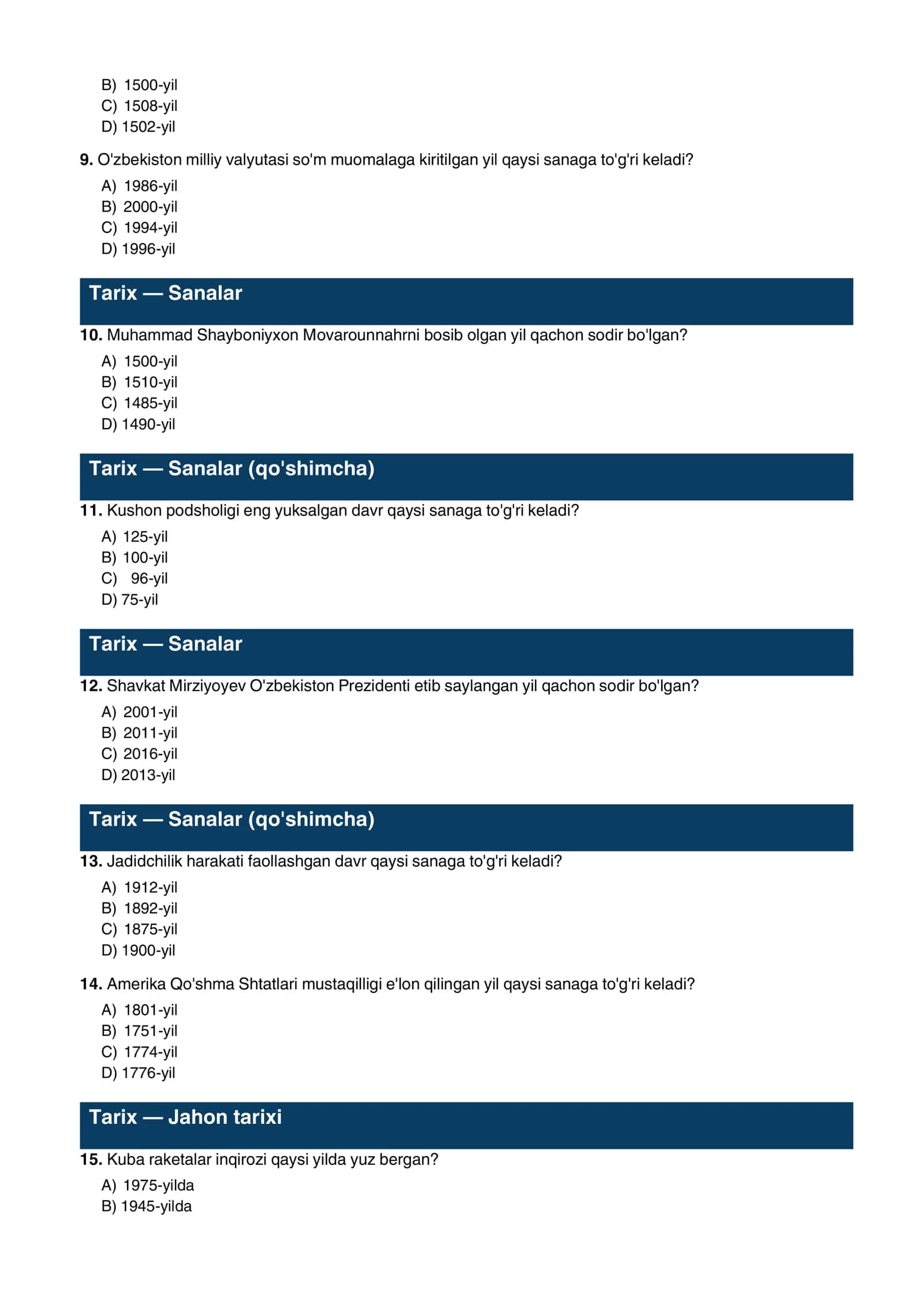 Tarix: 500 ta test — O‘zbekiston va jahon tarixi bo‘yicha test savollari 3