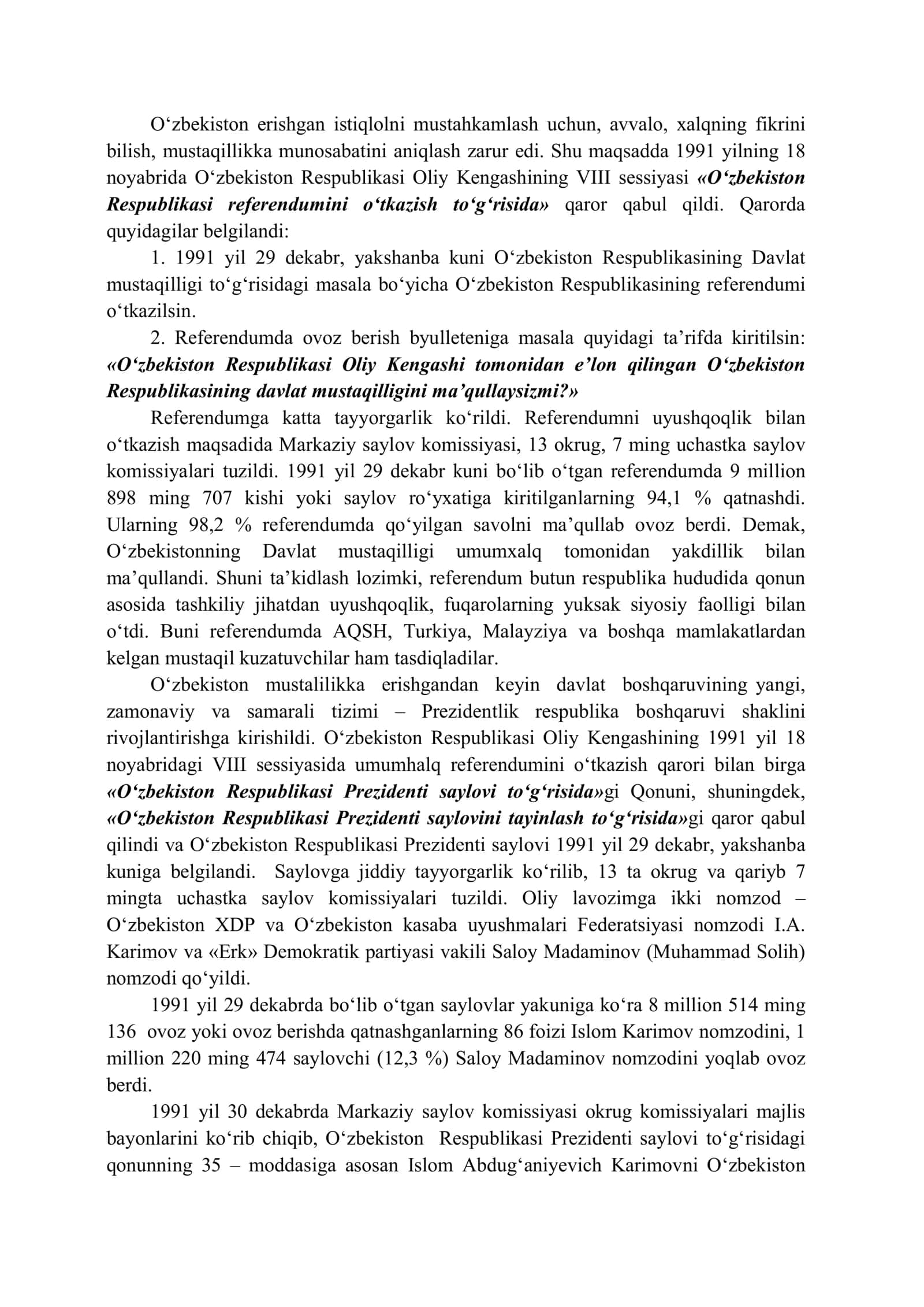 Mustaqil O‘zbekiston Respublikasi tashkil topishining tarixiy ahamiyati 3
