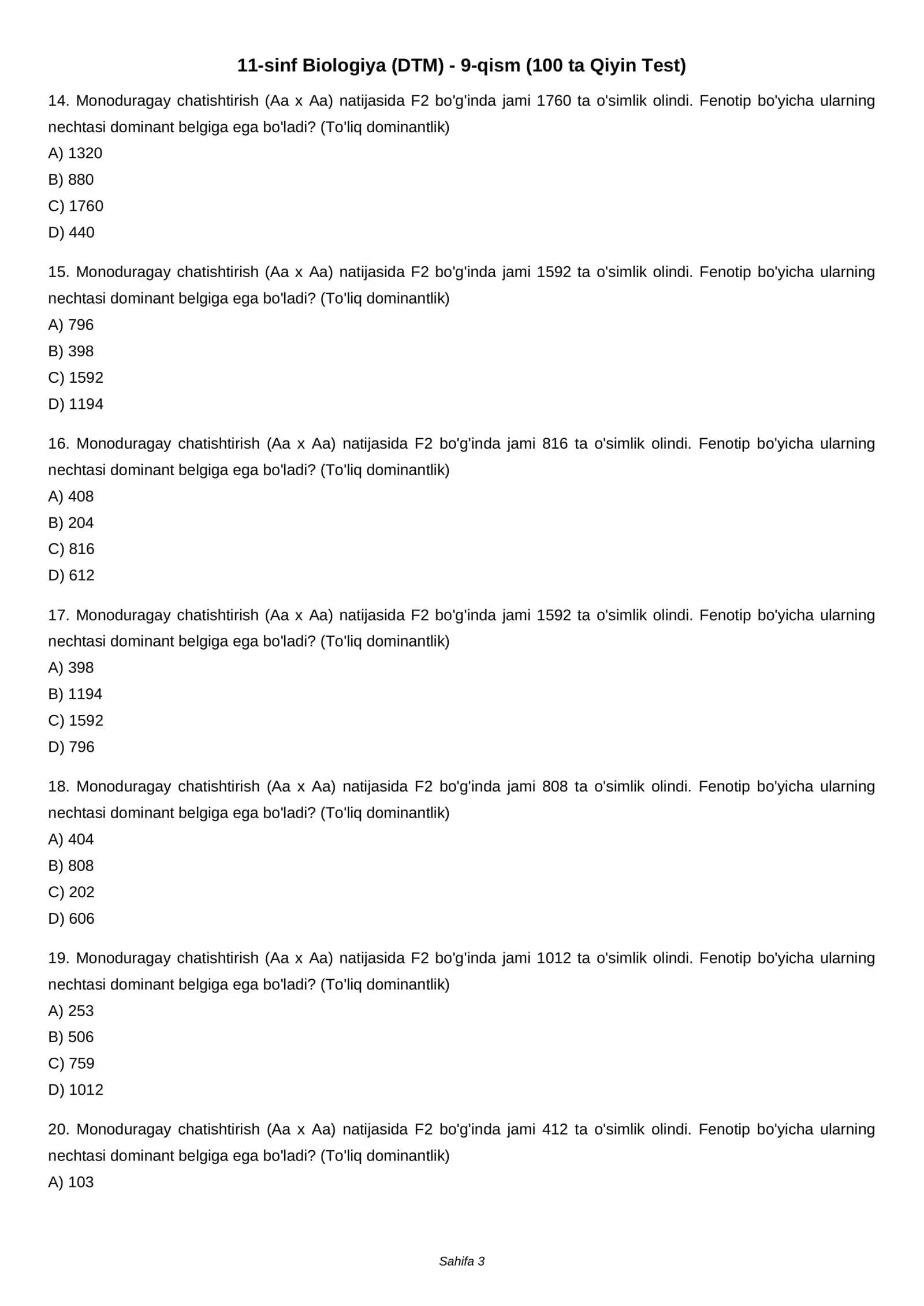 11-sinf Biologiya (DTM) - 9-qism (100 ta Qiyin Test) 3