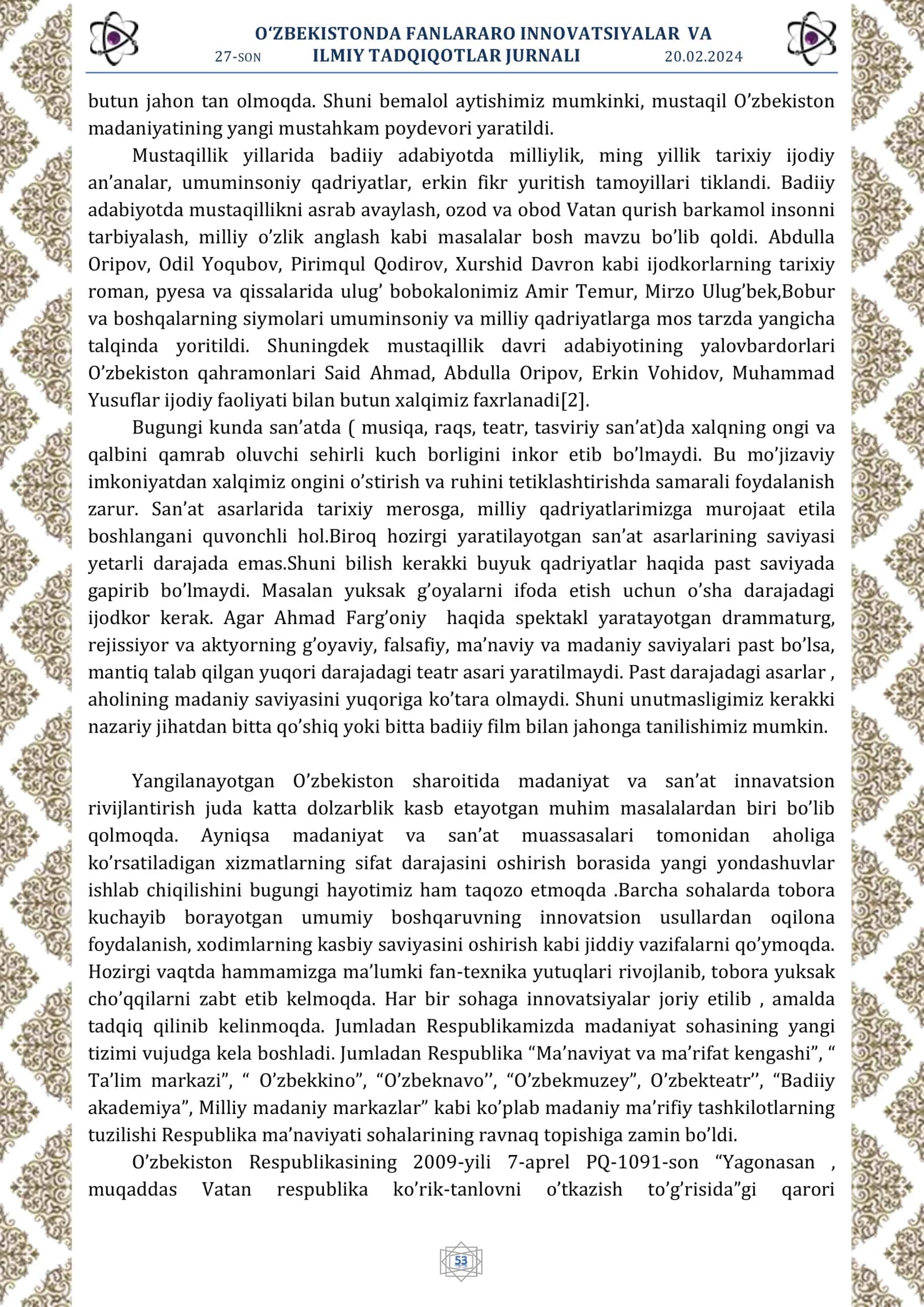 MUSTAQILLIK YILLARIDA O‘ZBEKISTONDA MADANIYAT VA SAN‘AT MUASSASALARINING RIVOJLANISHI 3