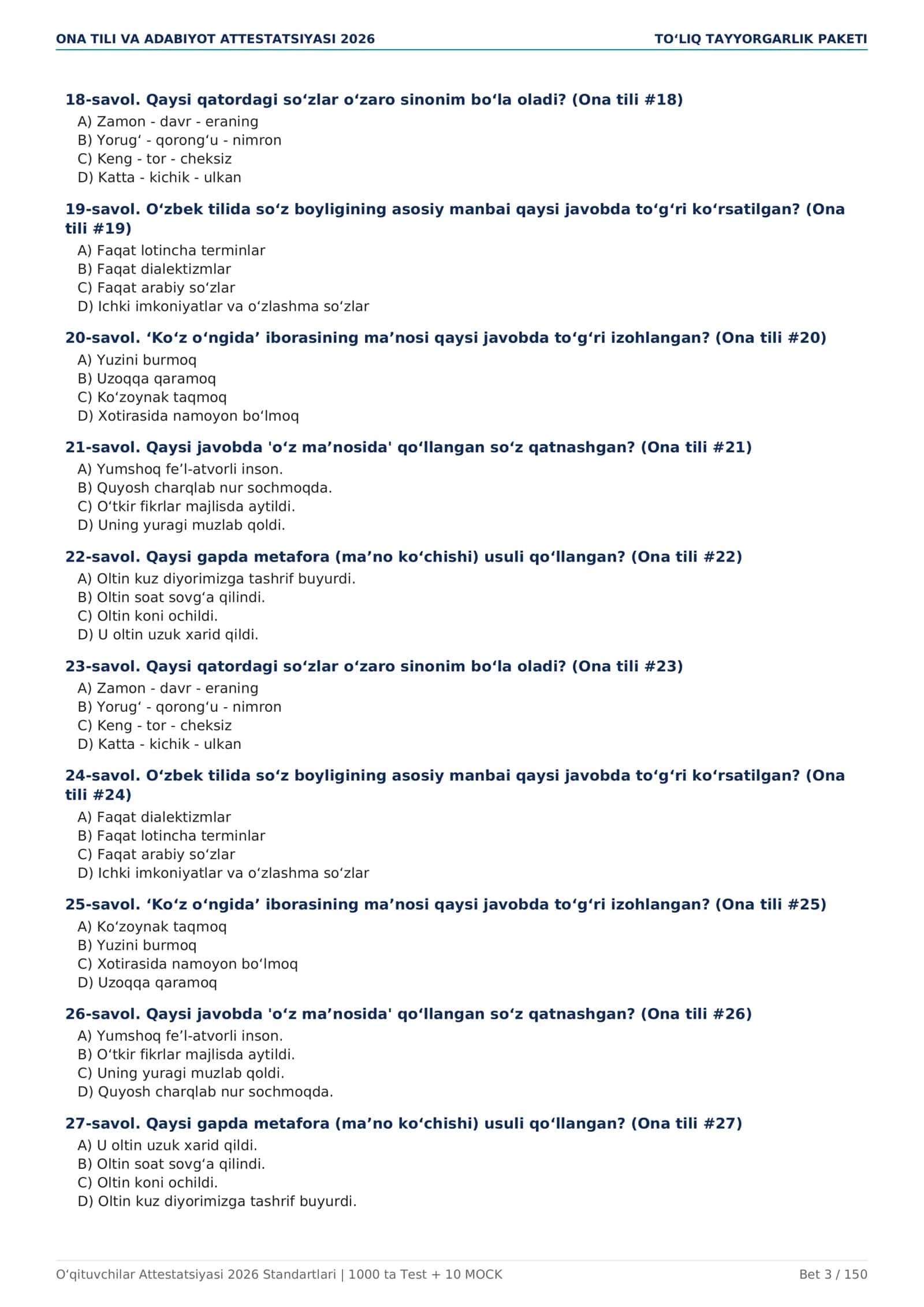 ONA TILI VA ADABIYOT ATTESTATSIYASI 2026 — 1000 TA TEST + 10 MOCK 3
