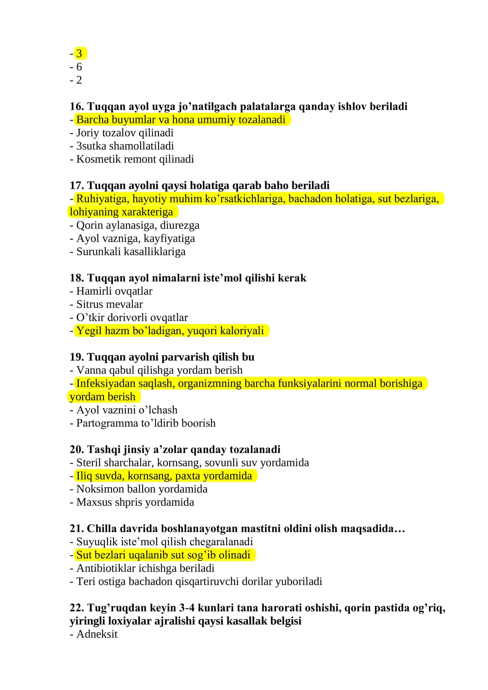 Akusherlik ishi mutaxassisligi bo’yicha shakllantirilgan test argos 3