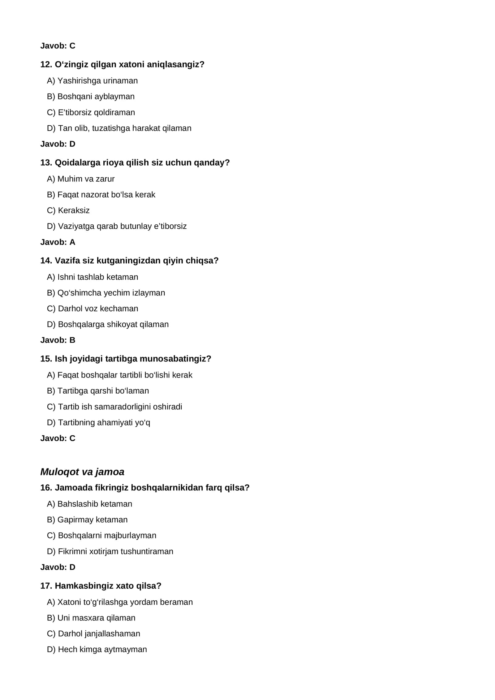Bojxona psixologik test savollari — 300 ta test va javoblari 3