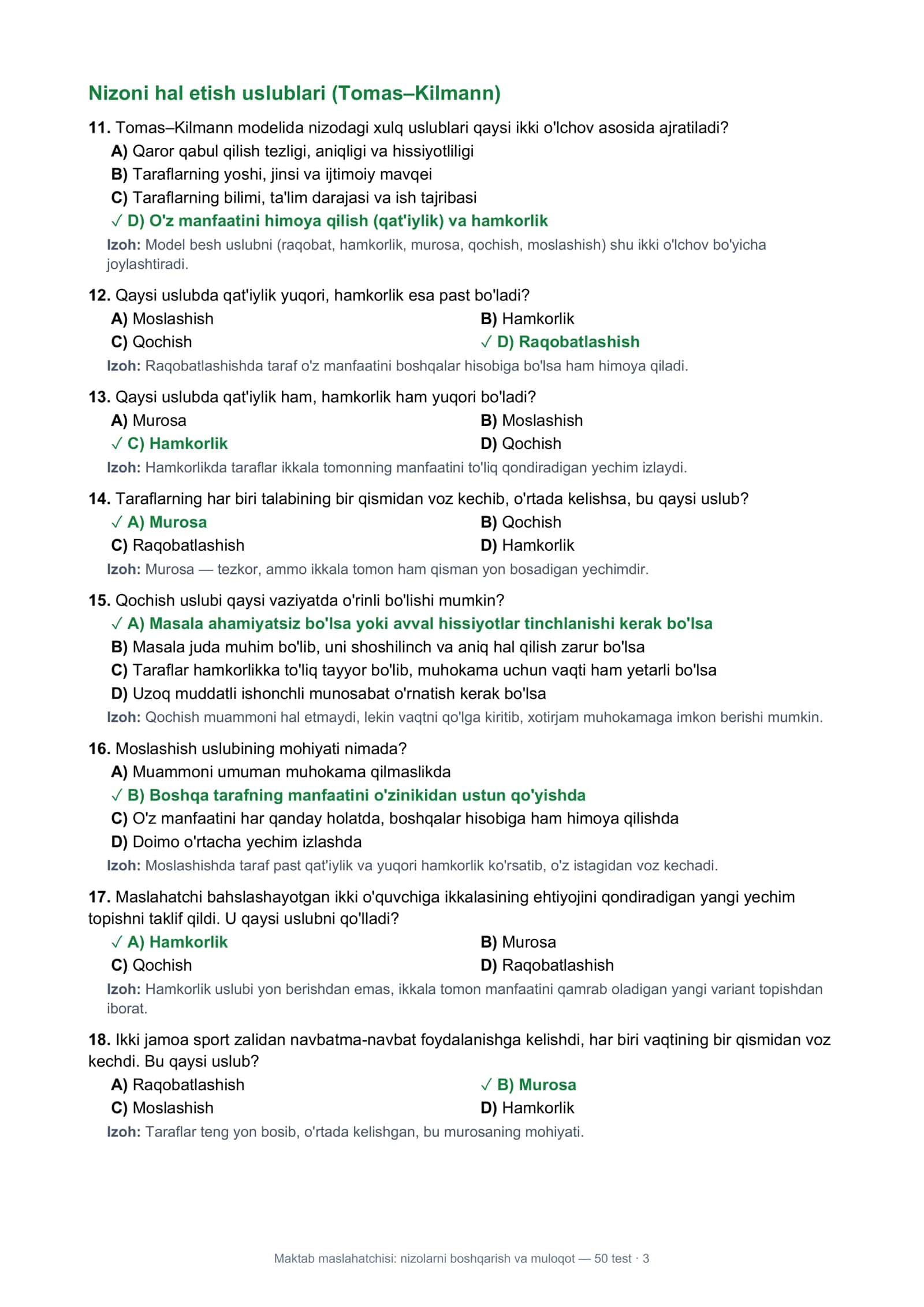 Maktab maslahatchisi: nizolarni boshqarish va muloqot — 50 test 3