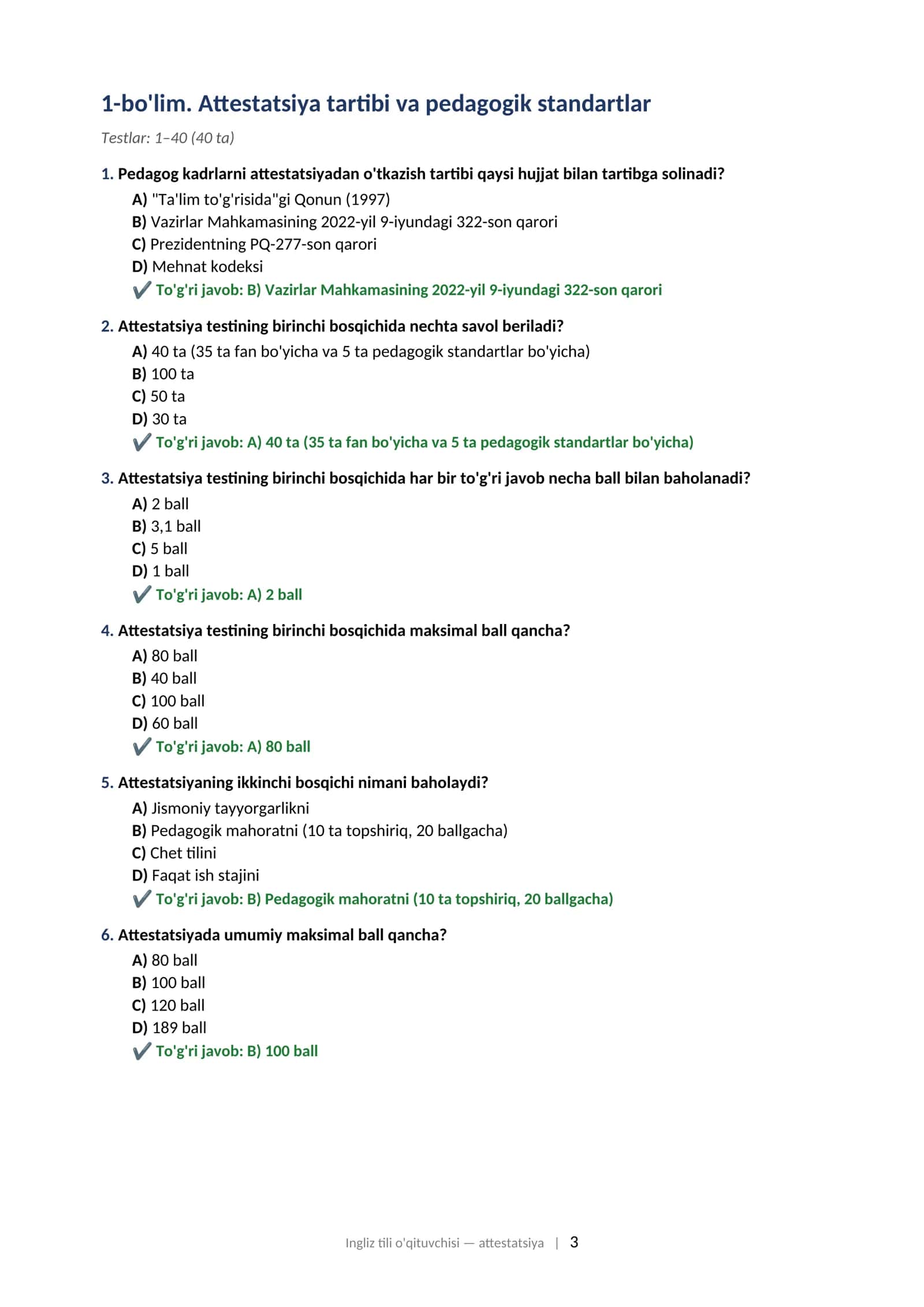INGLIZ TILI O'QITUVCHISI attestatsiyasi uchun test savollari to'plami (2025–2026) 3