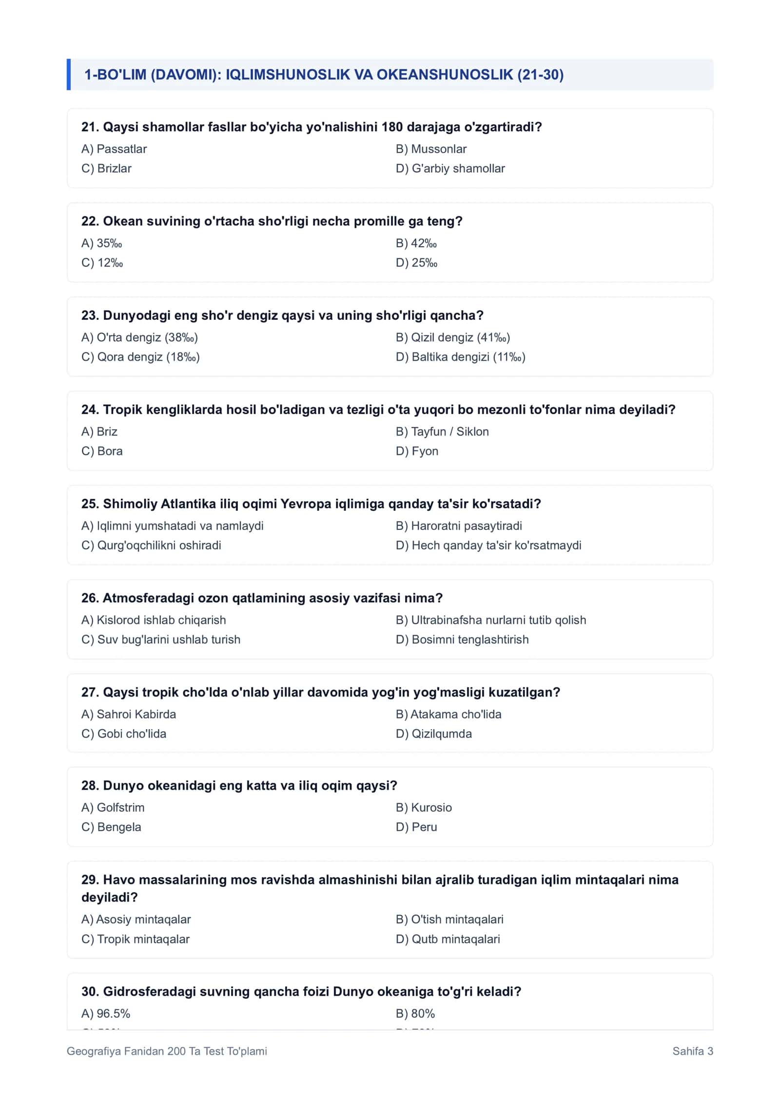 GEOGRAFIYA FANIDAN 200 TA MAXSUS TEST 3