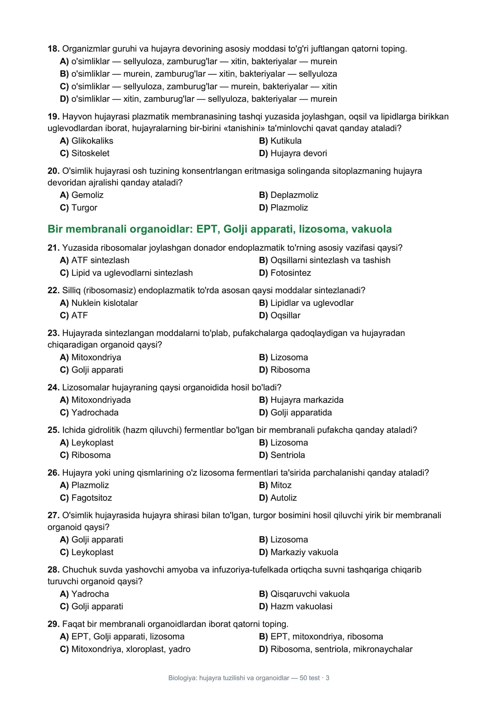 Biologiya: Hujayra tuzilishi va organoidlar — 50 test 3