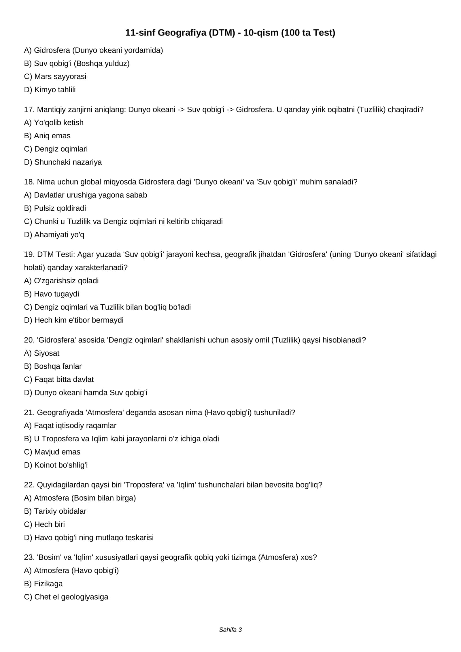 11-sinf Geografiya (DTM) - 10-qism (100 ta Test) 3