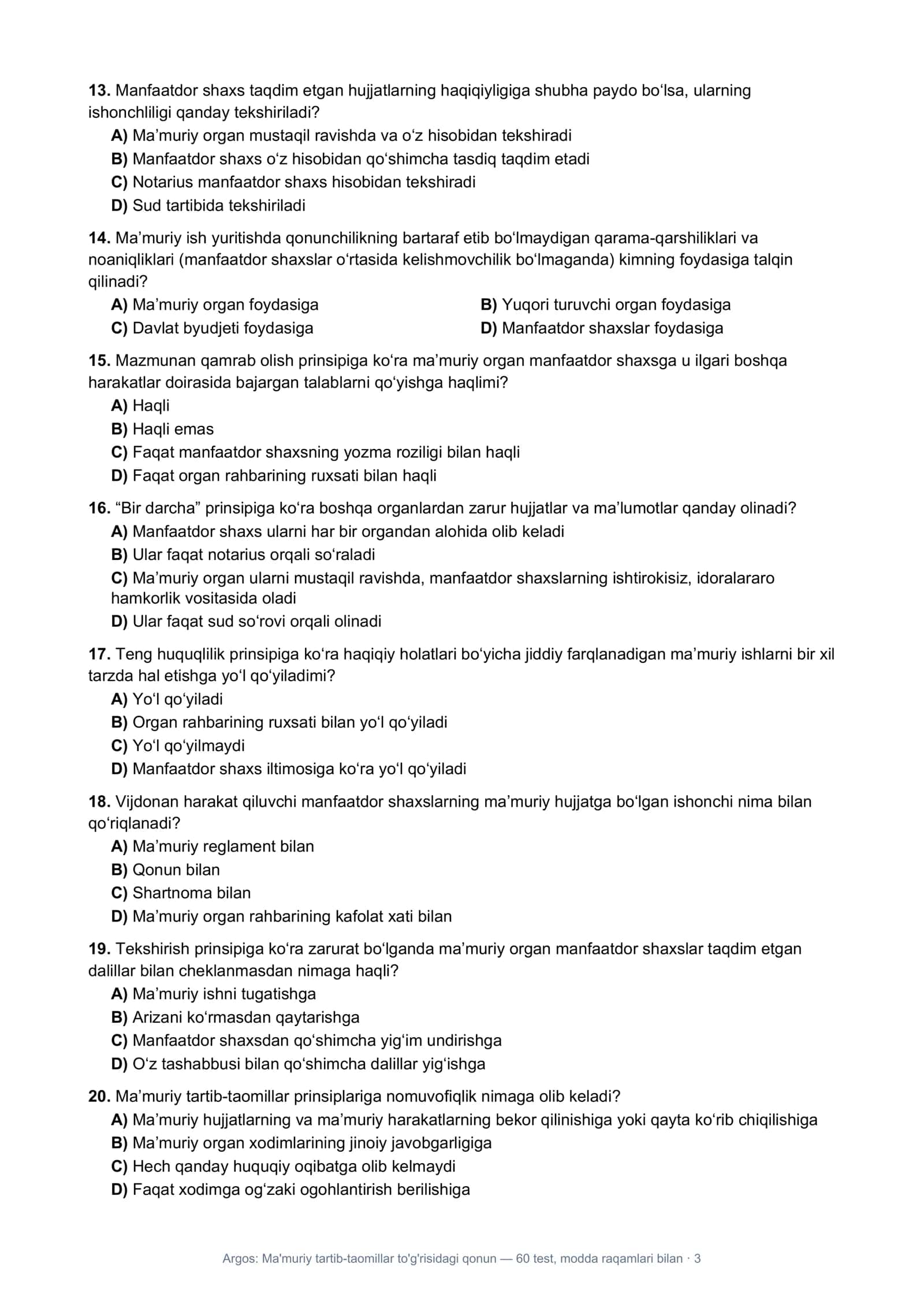 Argos: Ma'muriy tartib-taomillar to'g'risidagi qonun — 60 test, modda raqamlari bilan 3