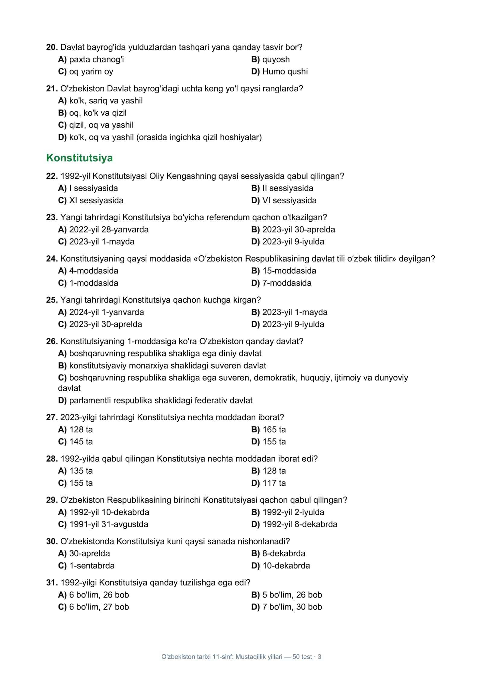 O'zbekiston tarixi 11-sinf: Mustaqillik yillari — 50 test 3