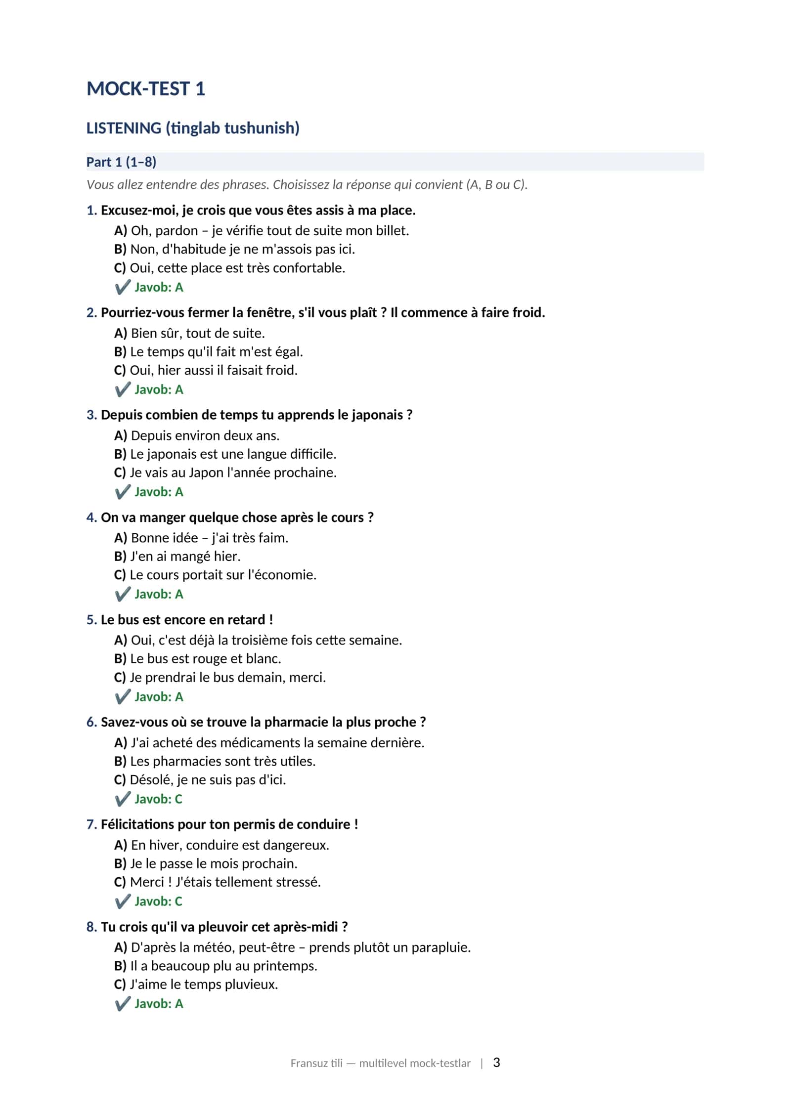 FRANSUZ TILI (FRANÇAIS) Multilevel (CEFR) milliy sertifikat imtihoniga tayyorgarlik: mock-testlar to'plami (2025–2026) 3