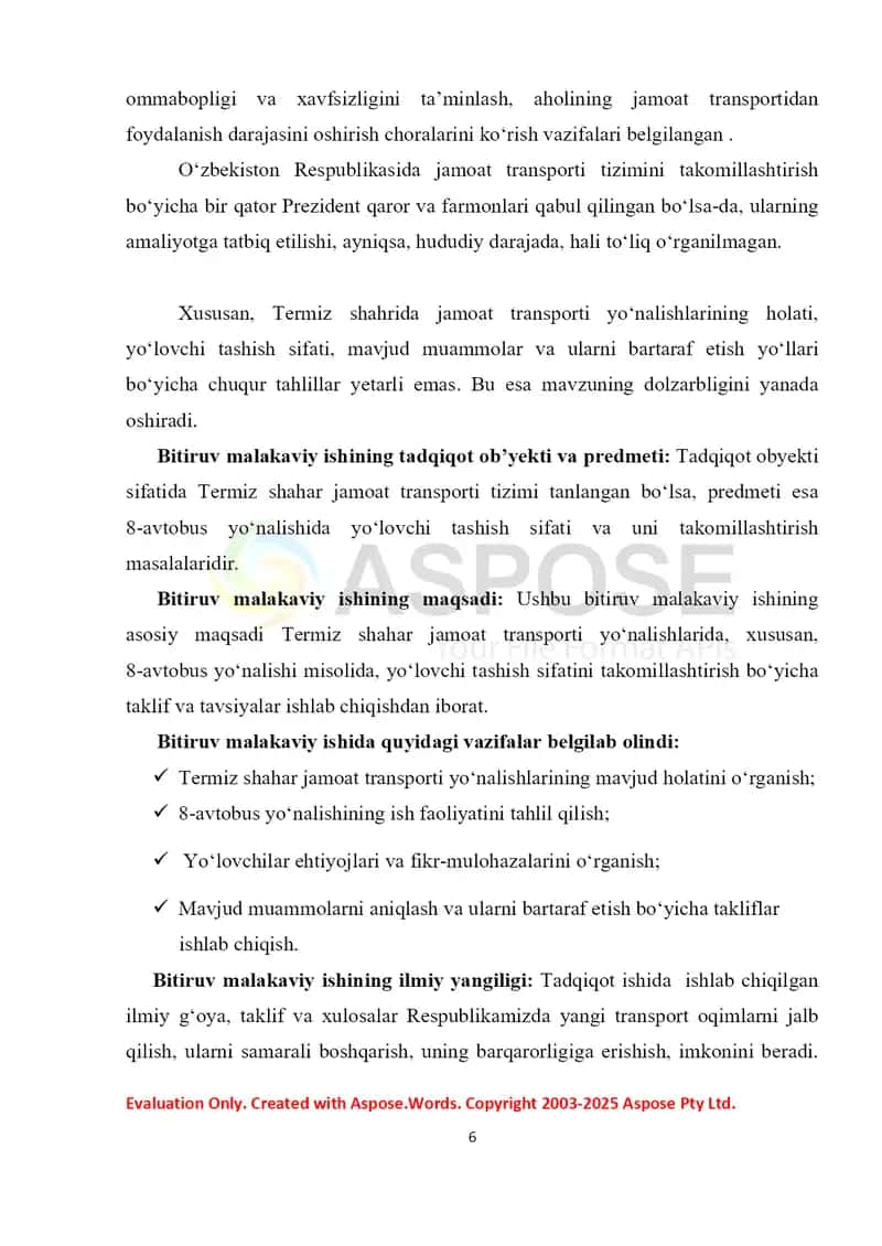 Termiz shahar jamoat transporti yo‘nalishlarida yo‘lovchi tashish sifatini takomillashtirish  (Termiz shahar 8-avtobus yo‘nalishi misolida 4