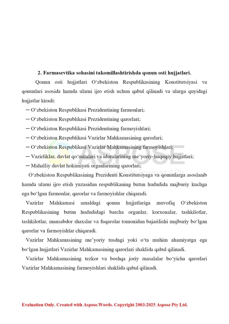 Farmasevtika sohasini takomillashtirishda qonun osti hujjatlari, ularning o‘rni va ahamiyati. Referat 7 bet. 4