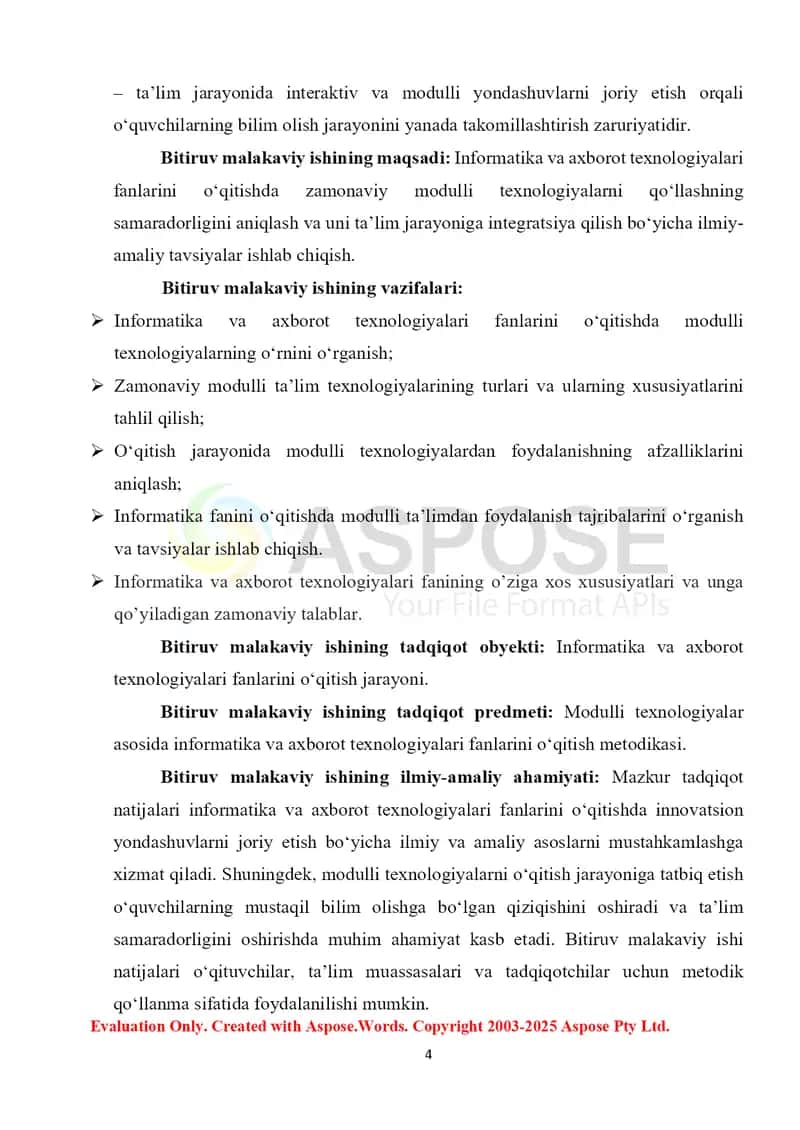 "Informаtikа vа аxborot tеxnologiyаlаri fаnlаrini o'qitishdа zаmonаviy modulli tеxnologiyаlаrdаn foydаlаnib tаshkil еtish" DIPLOM ISHI 4