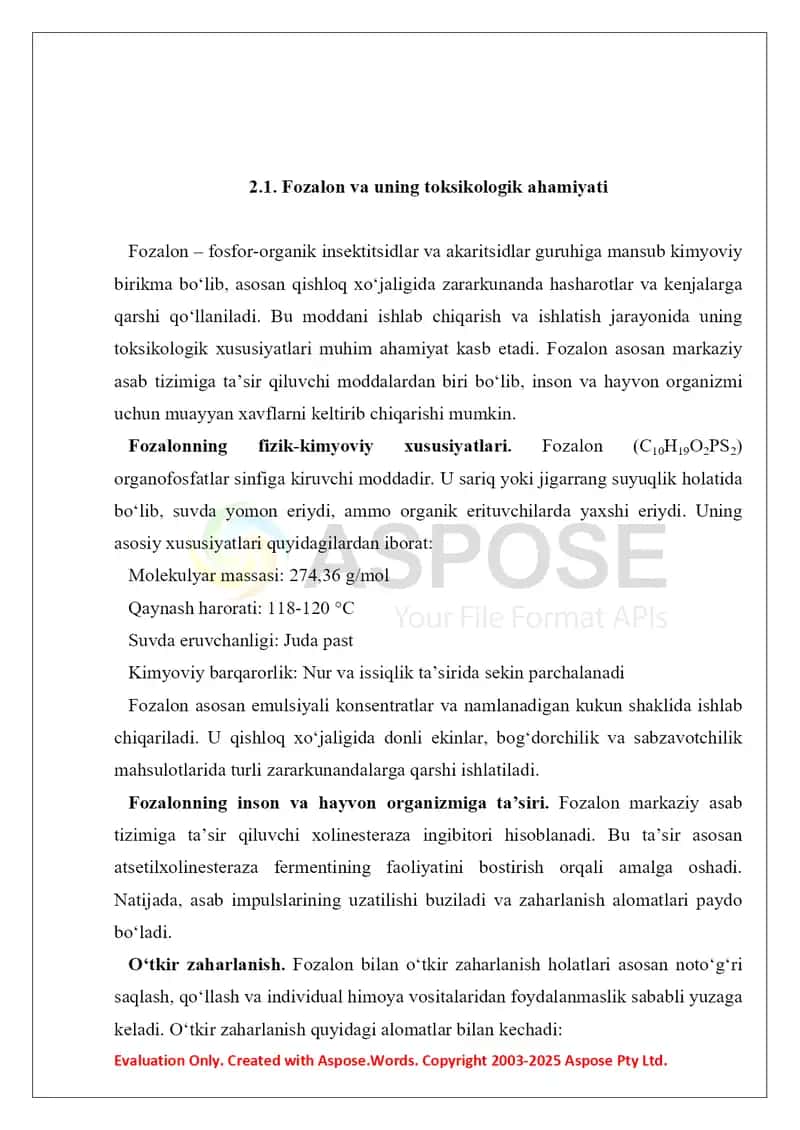 7. Fozalon va krisid. Toksikologik ahamiyati, izolyatsiyasi, sifat va miqdoriy tahlili. Referat 14 bet. Ma'lum sabablarga ko'ra, referatda fozalonga doir ma'lumotlar yoritilgan, lekin krisid yoritilmagan. Narx ham shunga mos ravishda past belgilandi. 4