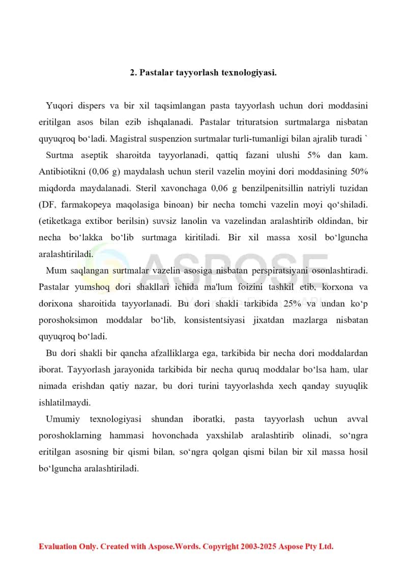 Geterogen tipdagi surtmalar texnologiyasi. Hozirgi kunda pastalarning YUDT orasida tutgan o'rni. Referat, 7 sahifa. 4