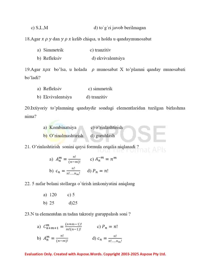 Diskret matematikadan testlar 4