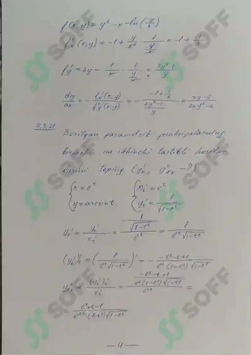 Hisob (Calculus) fanidan Mustaqil ish (Shaxsiy topshiriqlar) 21-variant javoblari - Mustaqil ish (qo'l yozma) 4