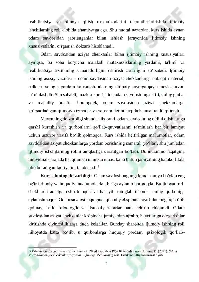 “Odam savdosidan aziyat chekkanlar bilan ijtimoiy ishning xususiyatlari” 4