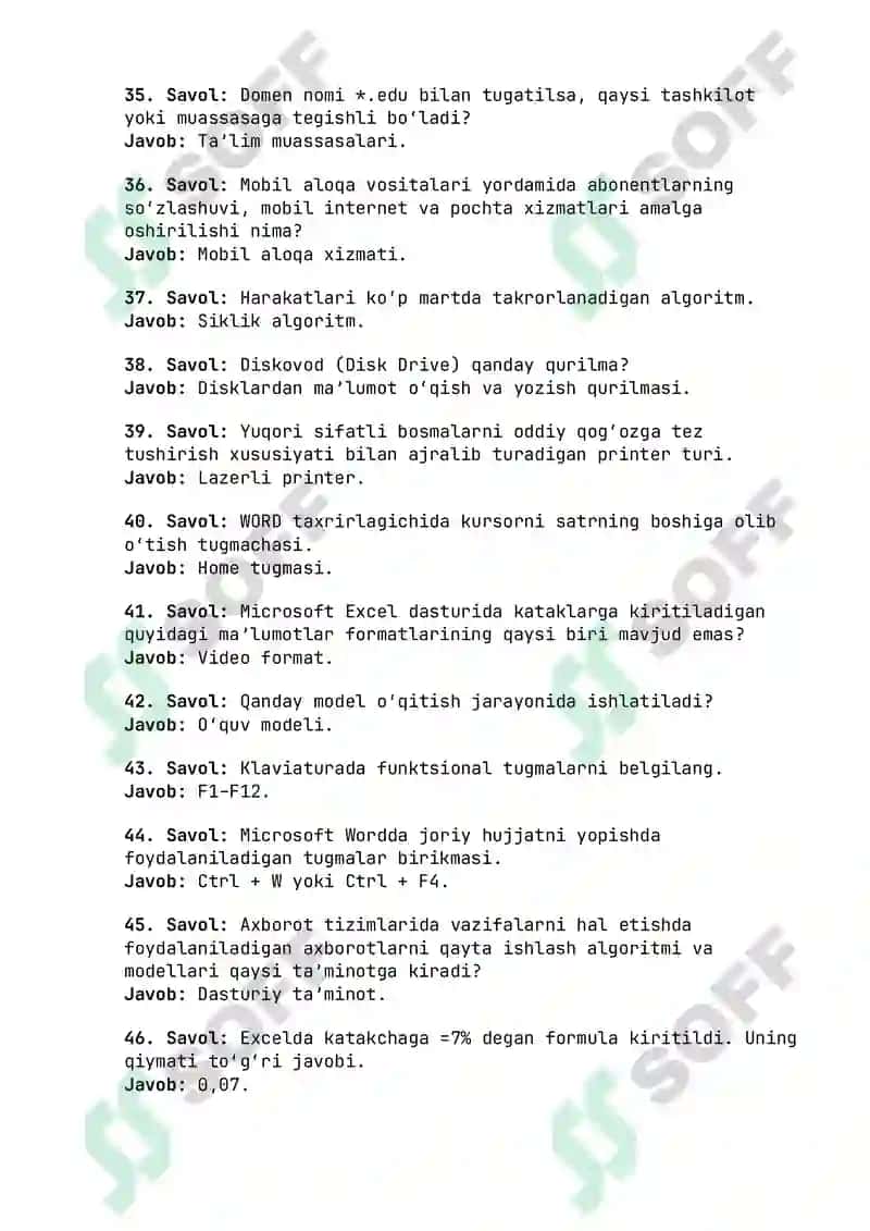 Argos Axborot-Kommunikatsiya Texnologiyalari Savol-Javoblar To'plami PDF - Mobil Aloqa va Dasturlar 4