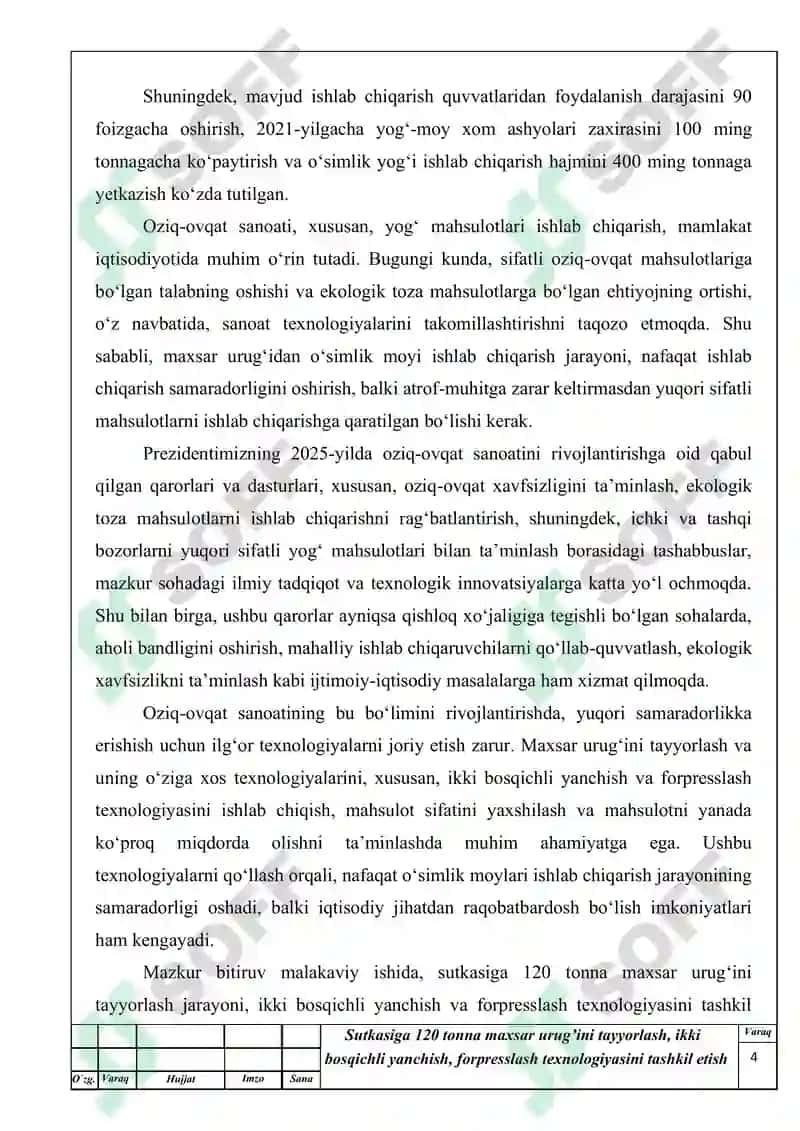 Sutkasiga 120 tonna maxsar urug’ini tayyorlash, ikki bosqichli yanchish, forpresslash texnologiyasini tashkil etis 4