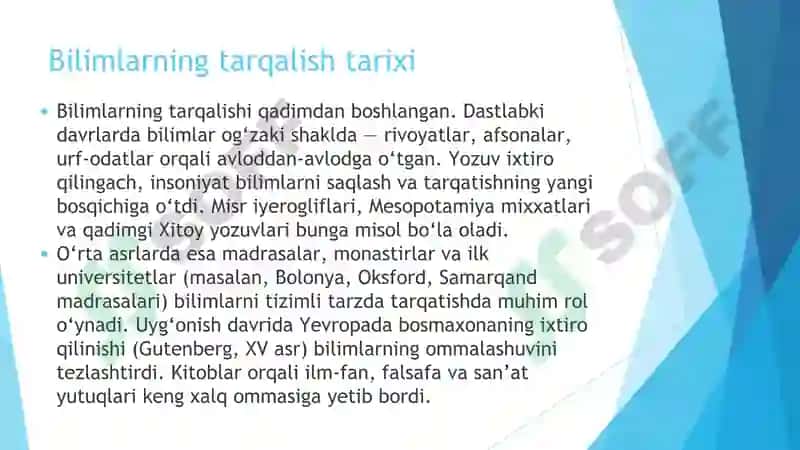 Bilimlarning tarqalishi va uning jamiyat rivojlanishida o'rni 4