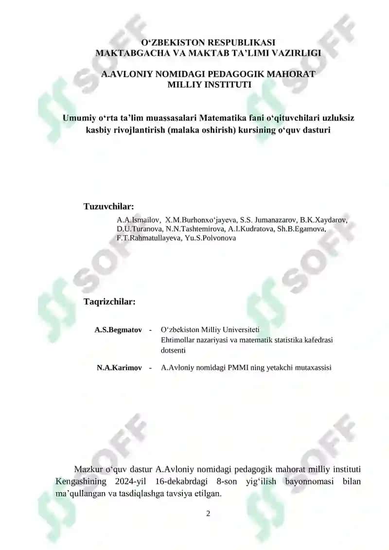 Umumiy o„rta ta‟lim muassasalari Matematika fani o„qituvchilari uzluksiz kasbiy rivojlantirish kursi 4