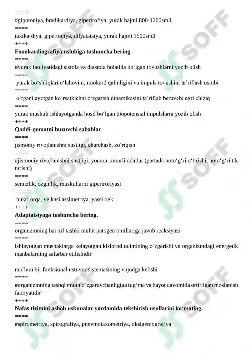 Jismoniy tarbiya gigienasi va sportning tibbiy fiziologik asoslari test 4