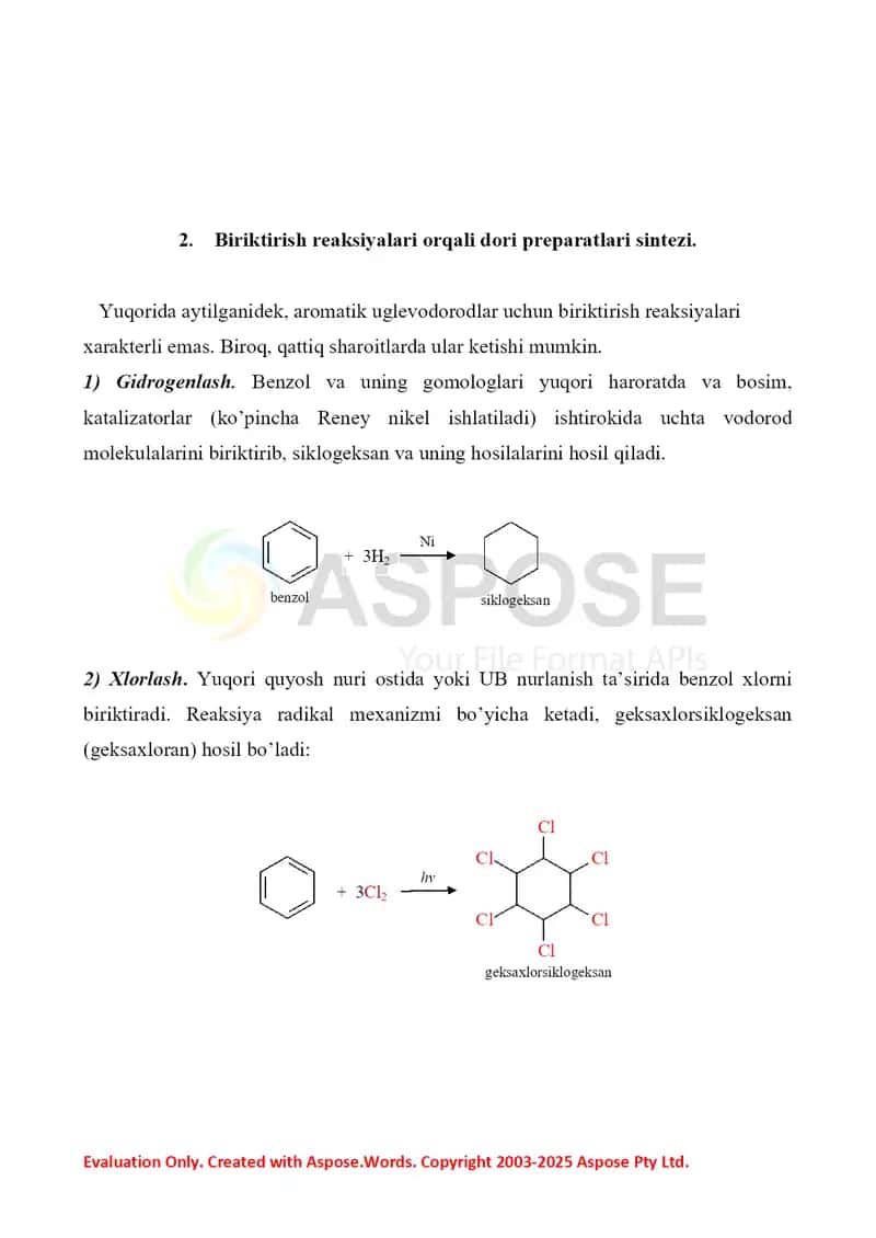 3. Aromatik uglevodorodlar asosida olinadigan dori preparatlari. Referat 7 bet. 4