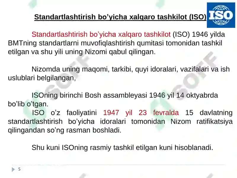 Standartlashtirish va metrologiya bo’yicha xalqaro, mintaqaviy tashkilotlar 5