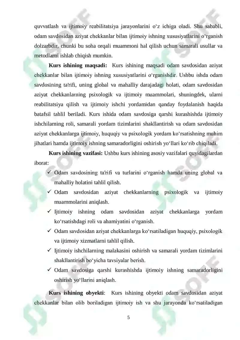 “Odam savdosidan aziyat chekkanlar bilan ijtimoiy ishning xususiyatlari” 5