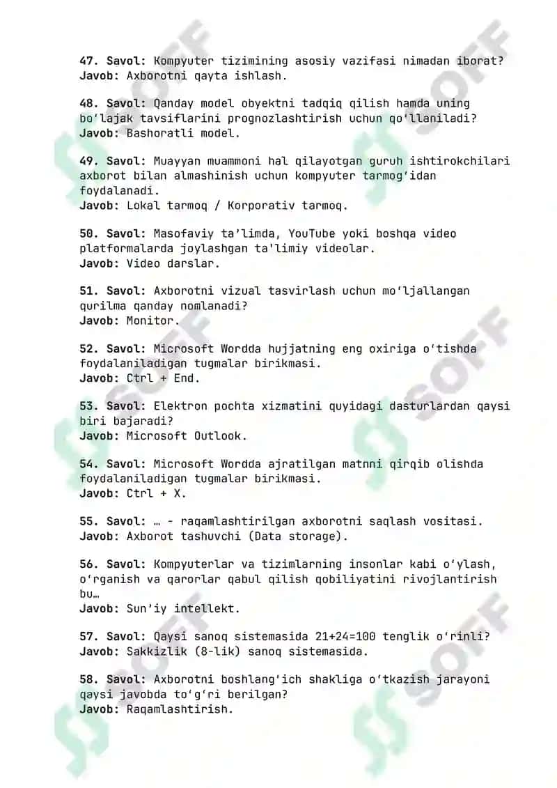 Argos Axborot-Kommunikatsiya Texnologiyalari Savol-Javoblar To'plami PDF - Mobil Aloqa va Dasturlar 5