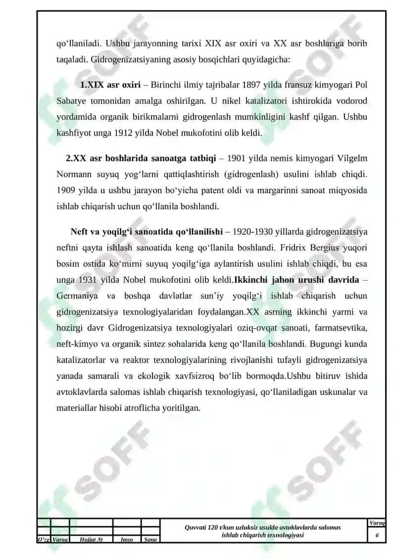 Quvvati 120 t/kun uzluksiz usulda avtoklavlarda salomas ishlab chiqarish texnologiyasi mavzusidagi 5