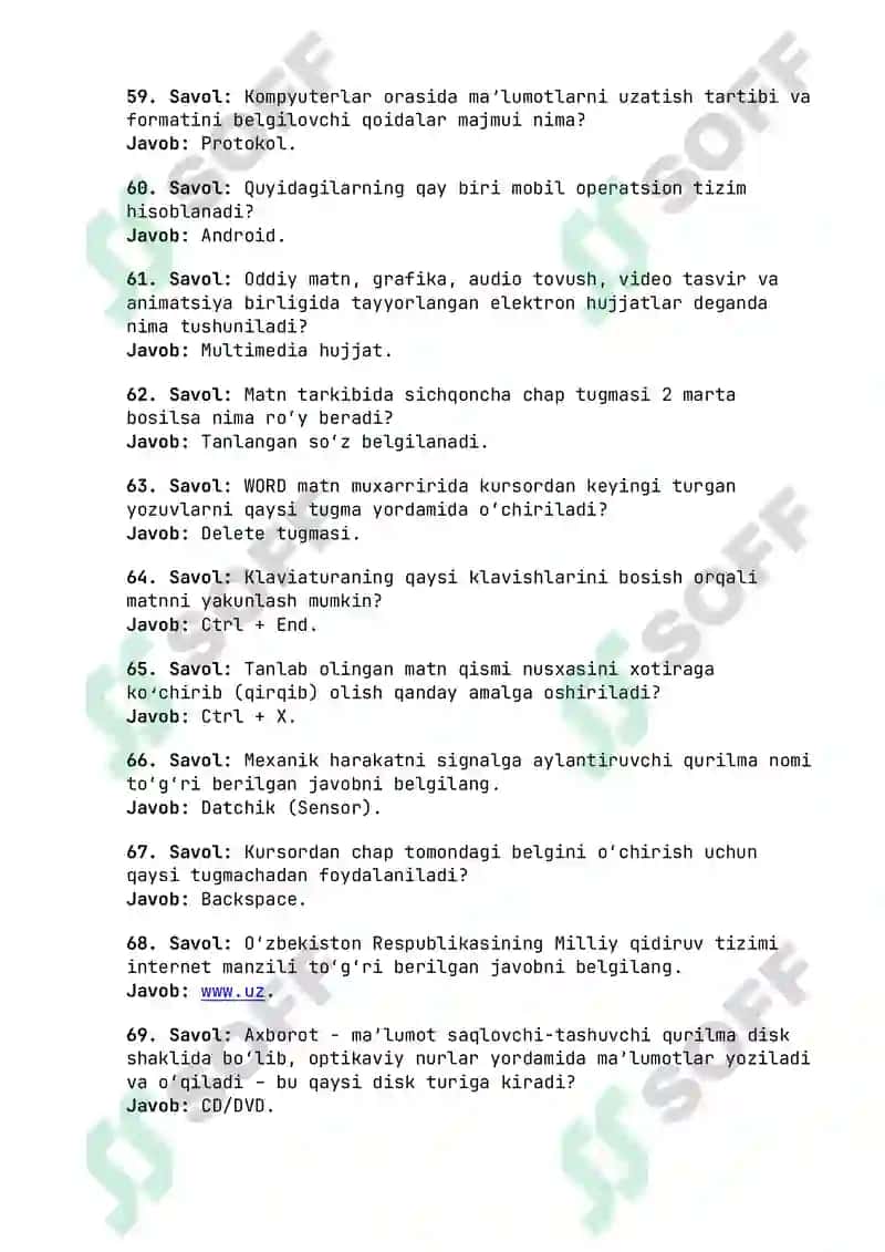 Argos Axborot-Kommunikatsiya Texnologiyalari Savol-Javoblar To'plami PDF - Mobil Aloqa va Dasturlar 6