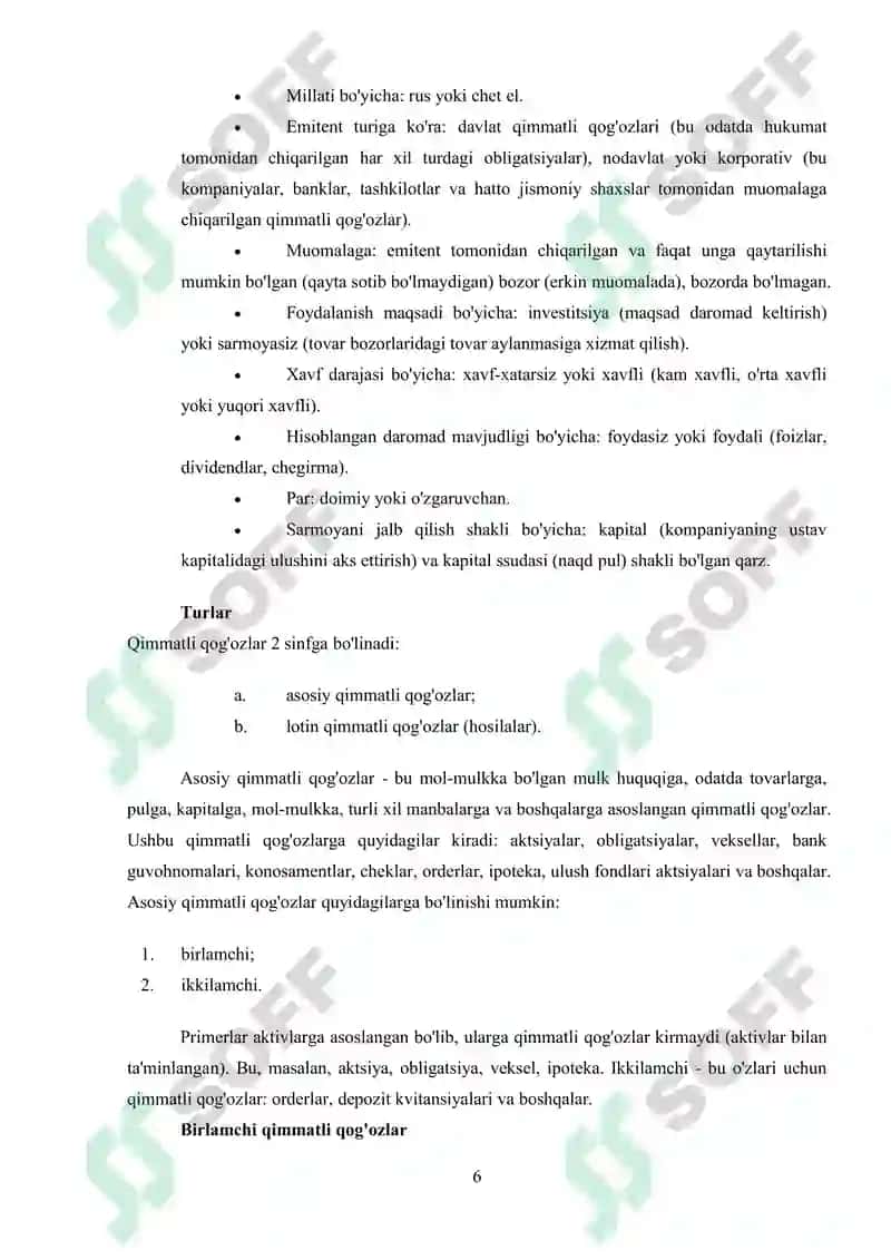 Qimmatli Qog’ozlar va Ularning Amal Qilishi 6