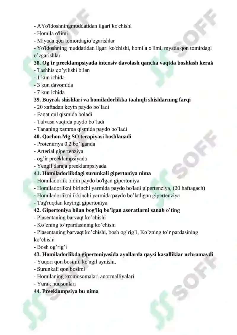 AKUSHERLIK ISHI MUTAXASSISLIGI BO’YICHA SHAKLLANTIRILGAN TEST SAVOLLARI RO’YXATI 6