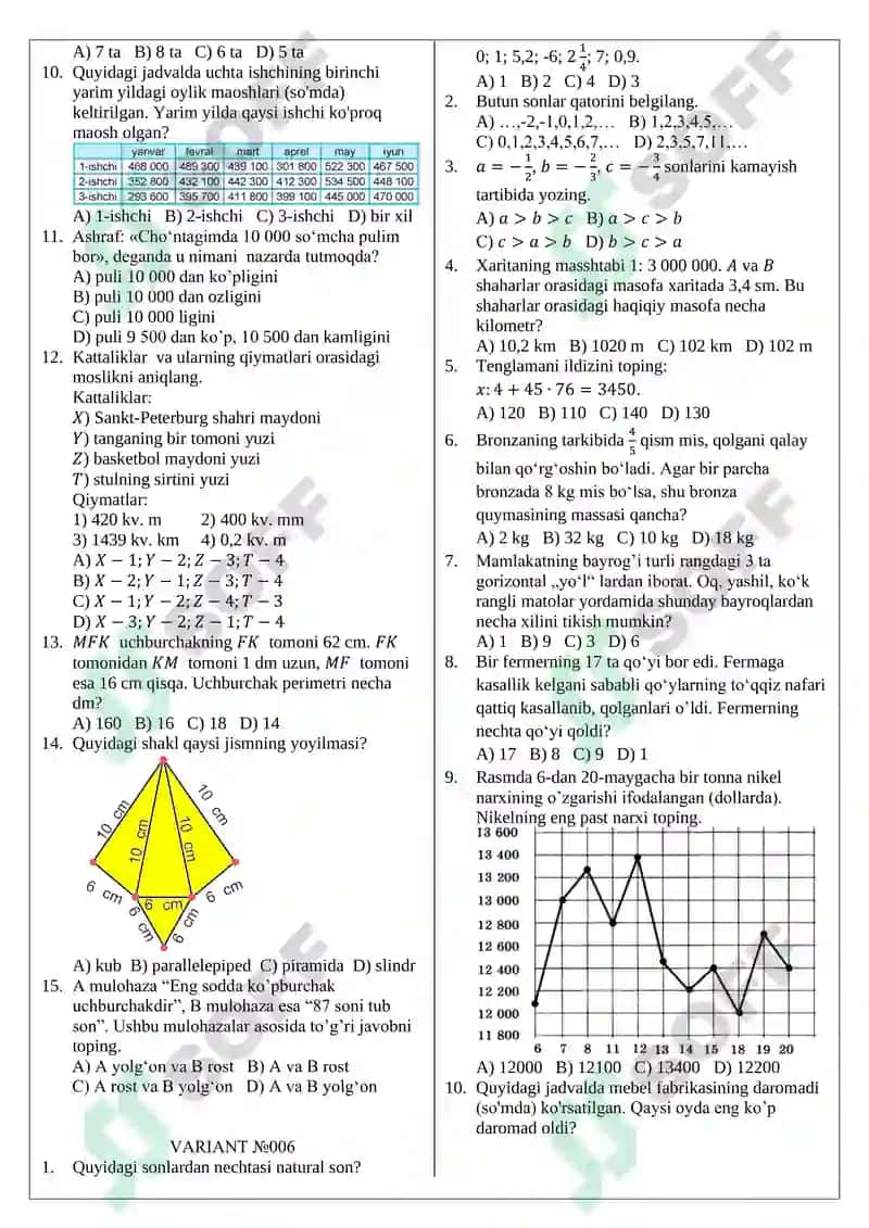 MATEMATIKA FANIDAN NAMUNAVIY TESTLAR (DTM namunasi asosida) 6