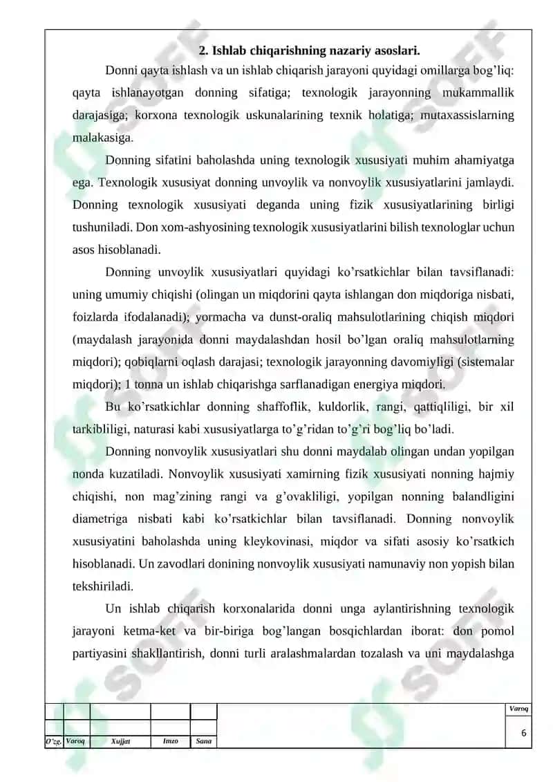 Tegirmonning quvvati 200 t/kun bo’lgan I- navli 75% li un ishlab chiqarish texnologiyasi. (triyer uskunasi) mavzusidagi bitiruv malakaviy ishining 6