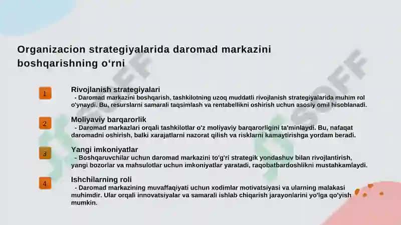 Daromad markazini boshqarish strategiyalari va asosiy tamoyillari 6