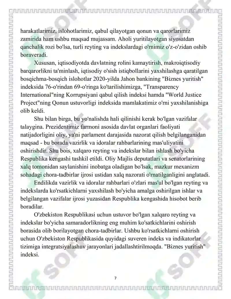 O'ZBEKISTON RESPUBLIKASI UCHUN USTUVOR BO'LGAN XALQARO REYTING VA INDEKSLAR BO'YICHA SAMARADORLIKNING ENG MUHIM KO'RSATKICHLARINI OSHIRISH BORASIDA OLIB BORILAYOTGAN CHORA-TADBIRLAR 7
