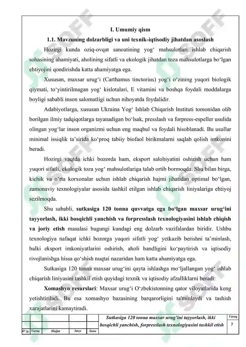 Sutkasiga 120 tonna maxsar urug’ini tayyorlash, ikki bosqichli yanchish, forpresslash texnologiyasini tashkil etis 7